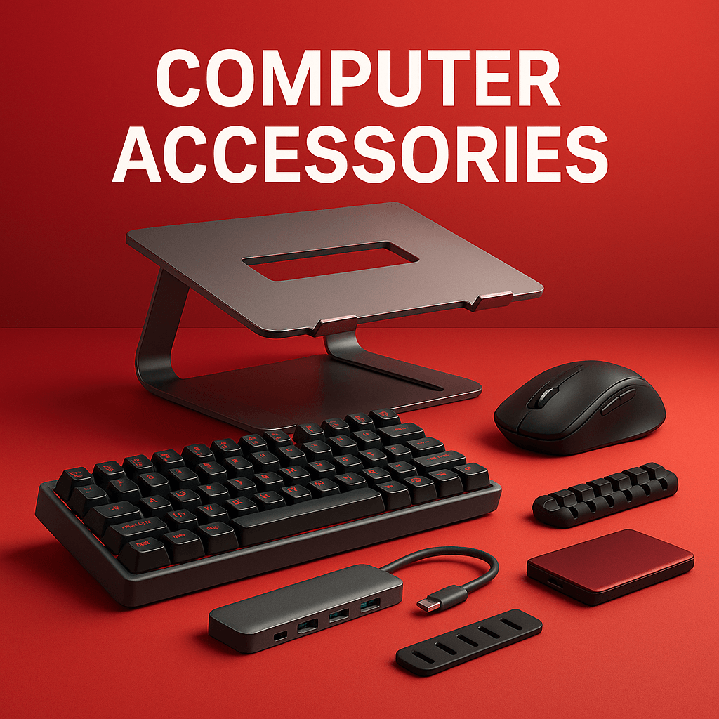 Computer accessories including keyboard, mouse, USB hub, laptop stand, and desk organisers