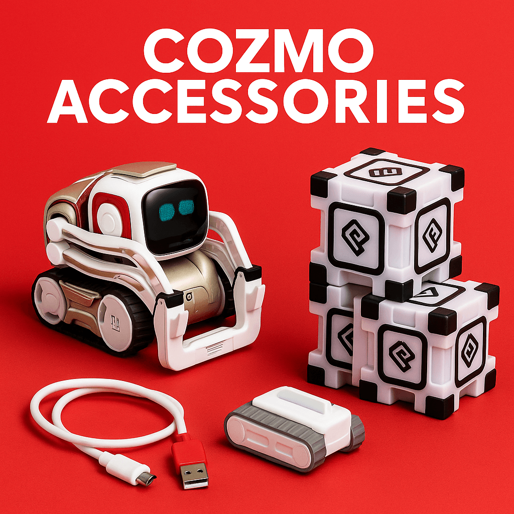 Cozmo accessories including charger, cubes, and cable with random toy