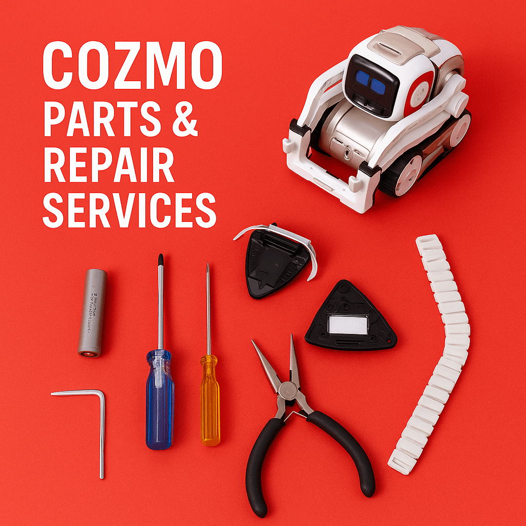 Cozmo robot parts and repair tools laid out for servicing