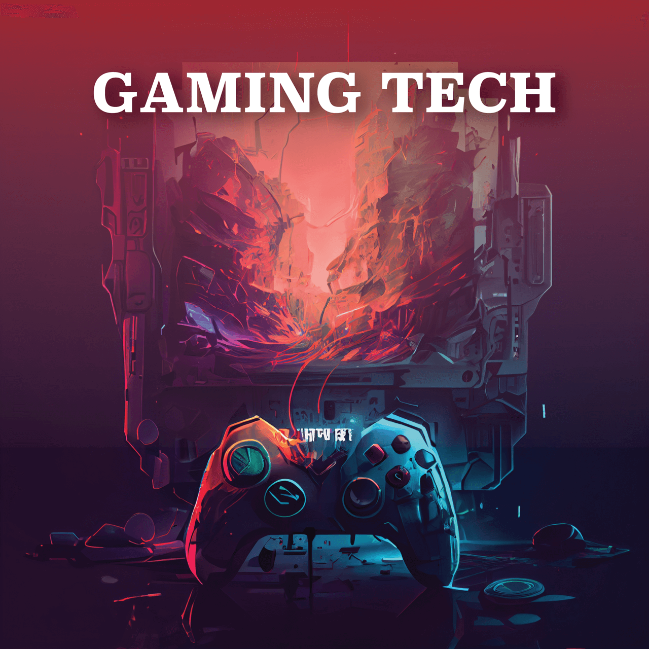 Gaming controller in front of a futuristic explosion screen – glowing red and blue theme for gaming techs collection.