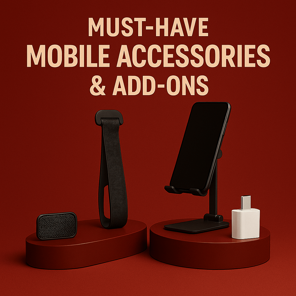 Phone accessories including dust mesh, holder straps, stands, and adapters displayed on red background