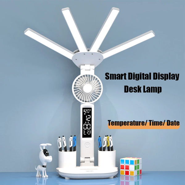 3-in-1 Multifunction LED Desk Lamp with Fan, Calendar, Clock | USB Rechargeable & Foldable | 3 Colors Reading Light - Chys Thijarah