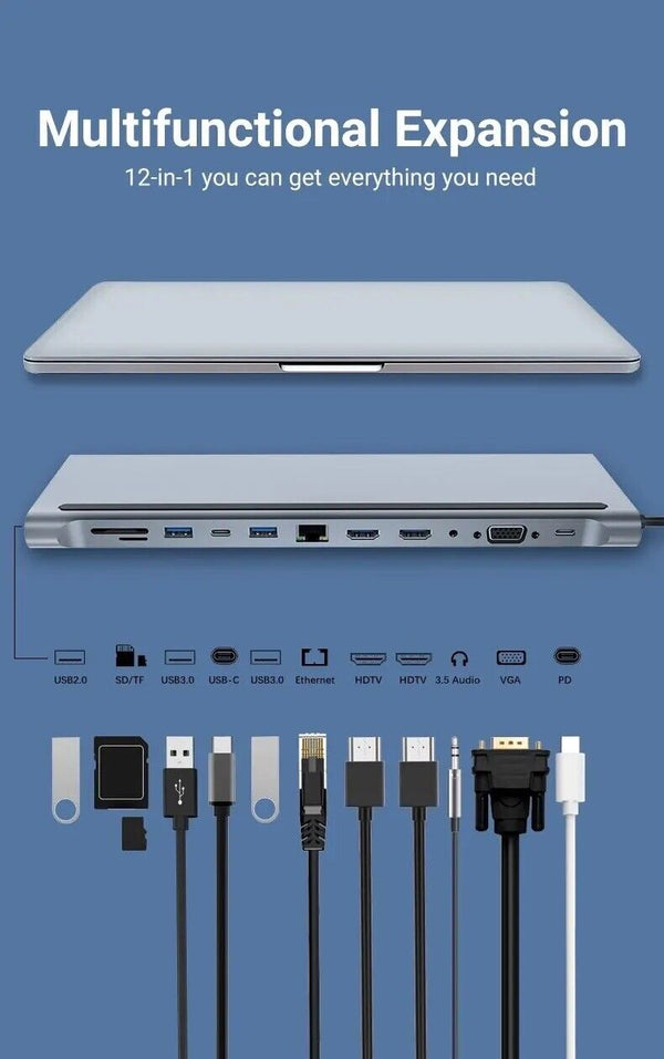 12 in 1 USB-C Docking Station Triple Monitor with HDMI1.4*2+VGA Mac Pro/Air DELL - Chys Thijarah