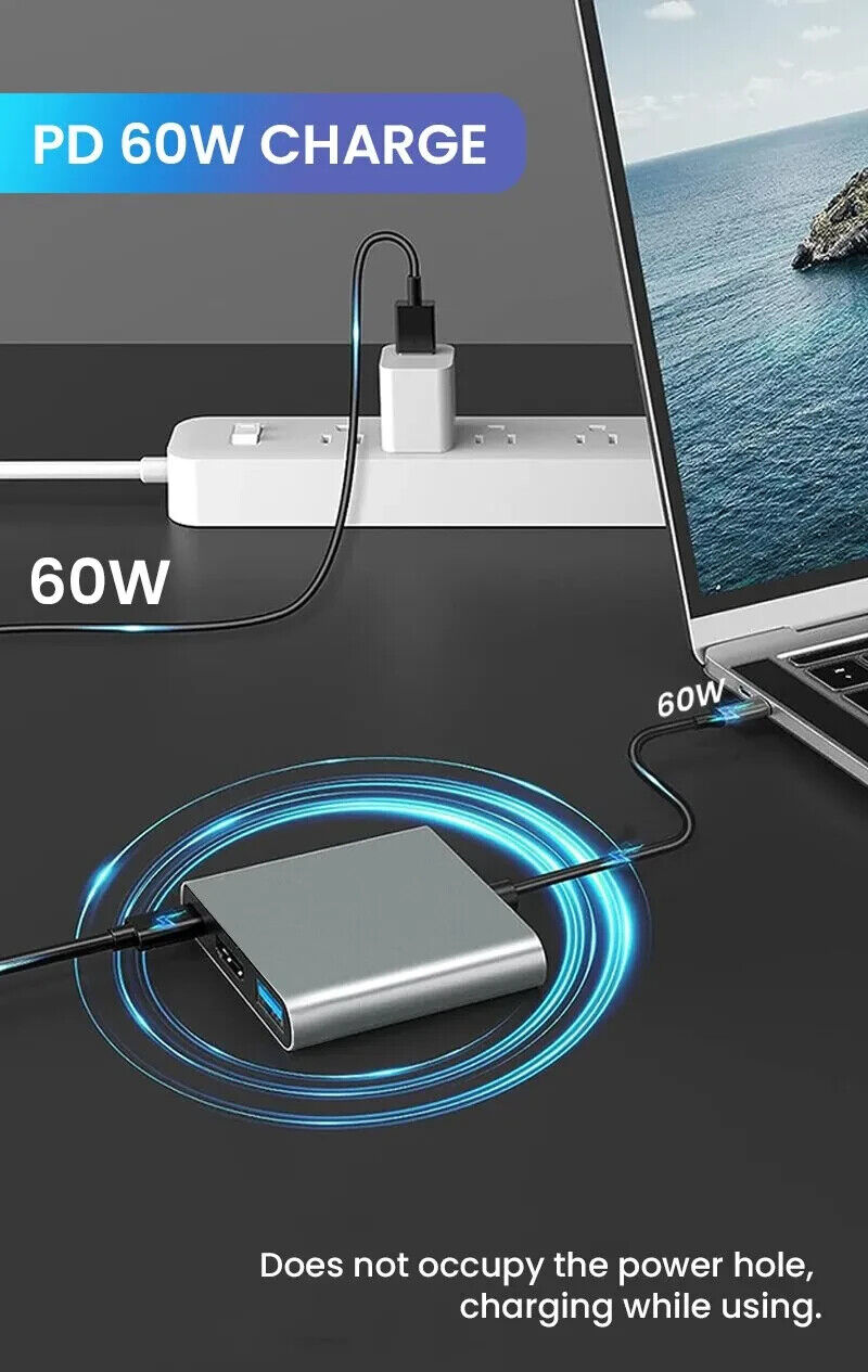 3-in-1 USB C Square Multiple Port Hub with 60W Type C Power Delivery 4K HDMI - Chys Thijarah