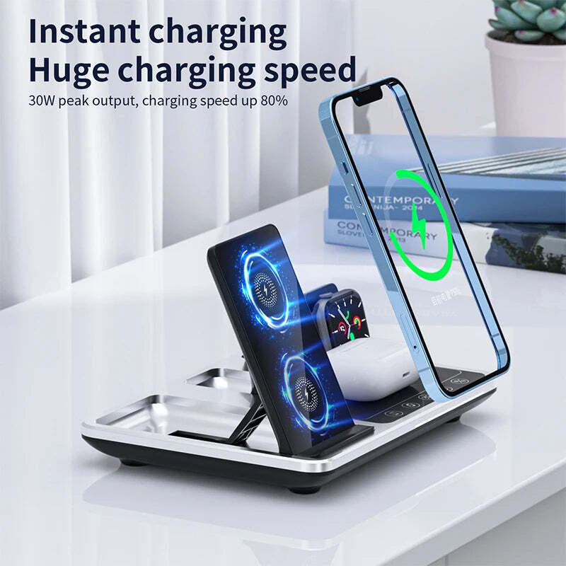 5-in-1 Wireless Charger Stand for iPhone 14/13/12/11/X, Apple Watch, AirPods, Sa - Chys Thijarah