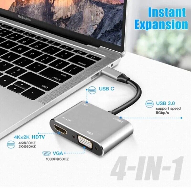 USB C Hub 4 in 1 Type C 3.0 Adapter to 4K HDMI HDTV VGA USB 3.0 PD for MacBook - Chys Thijarah