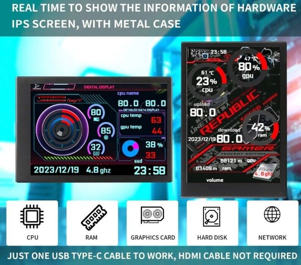 3.5 Inch IPS USB Gaming computer  Display Screen monitor  360° For Pi PC - Chys Thijarah