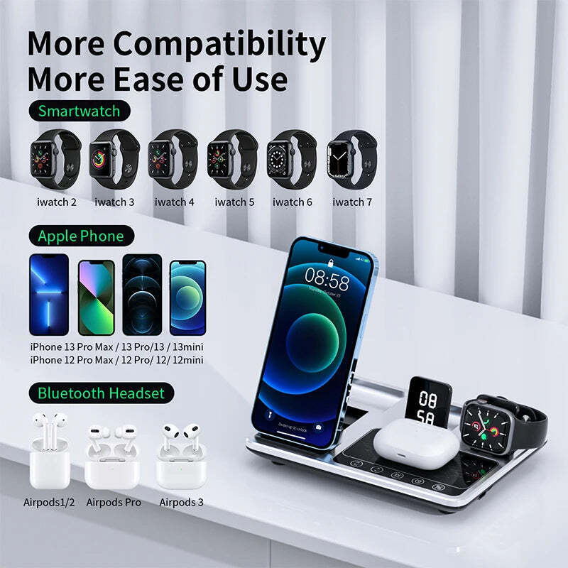 5-in-1 Wireless Charger Stand for iPhone 14/13/12/11/X, Apple Watch, AirPods, Sa - Chys Thijarah