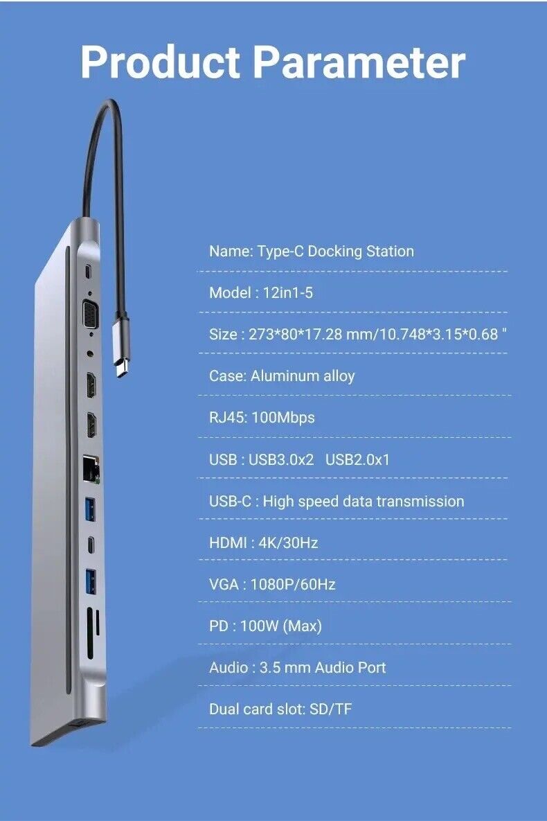 12 in 1 USB-C Docking Station Triple Monitor with HDMI1.4*2+VGA Mac Pro/Air DELL - Chys Thijarah