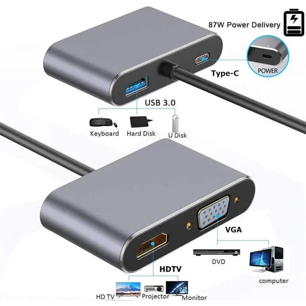 USB C HUB 4 in 1 type C 3.0 adapter to 4K HDMI HDTV VGA USB 3.0 PD Fast Charger - Chys Thijarah