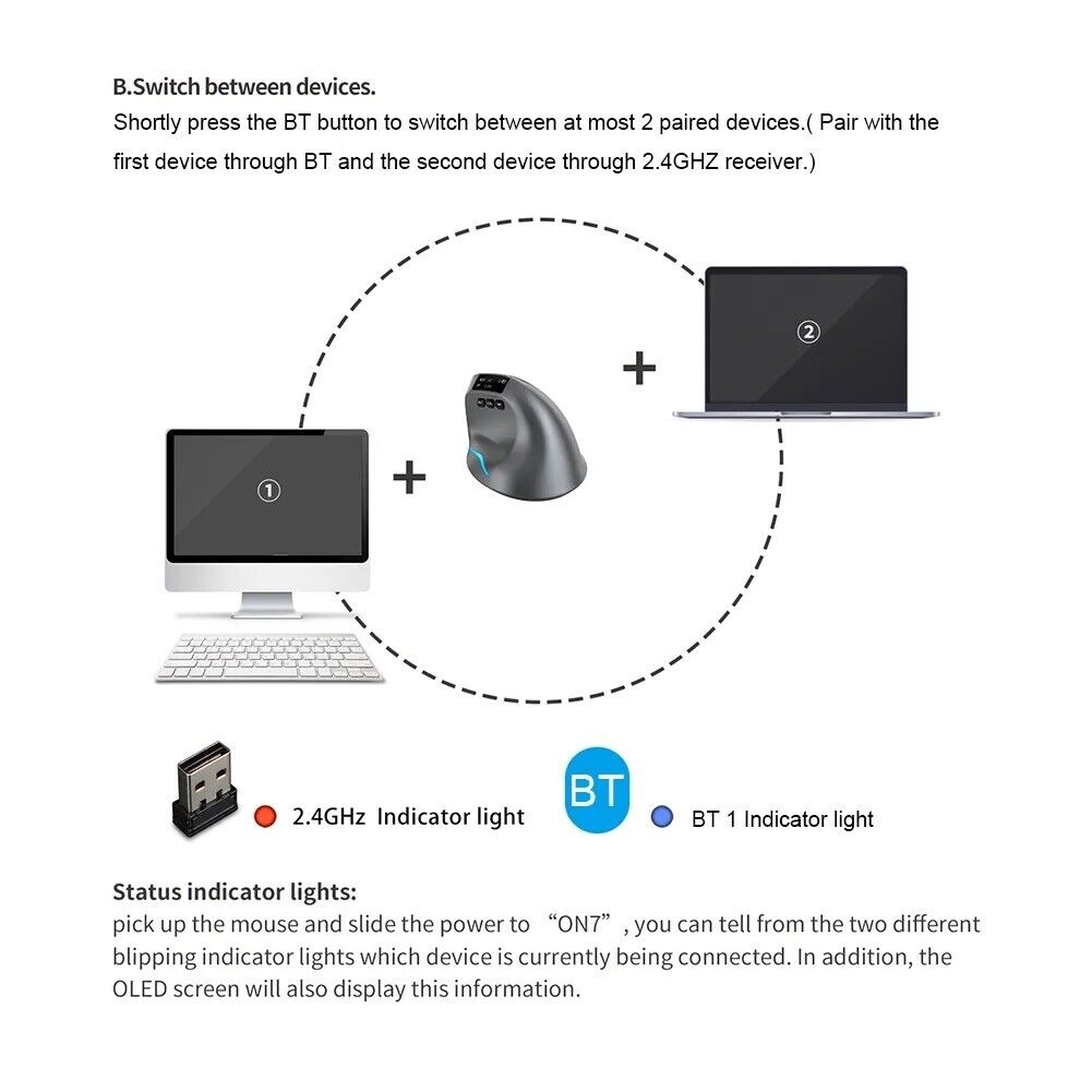 3200DPI 2.4G Wireless Bluetooth two device connectivity Vertical Mouse with LCD - Chys Thijarah