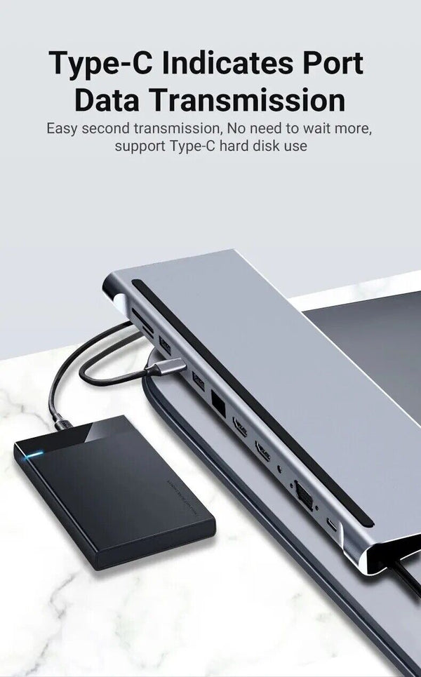 12 in 1 USB-C Docking Station Triple Monitor with HDMI1.4*2+VGA Mac Pro/Air DELL - Chys Thijarah