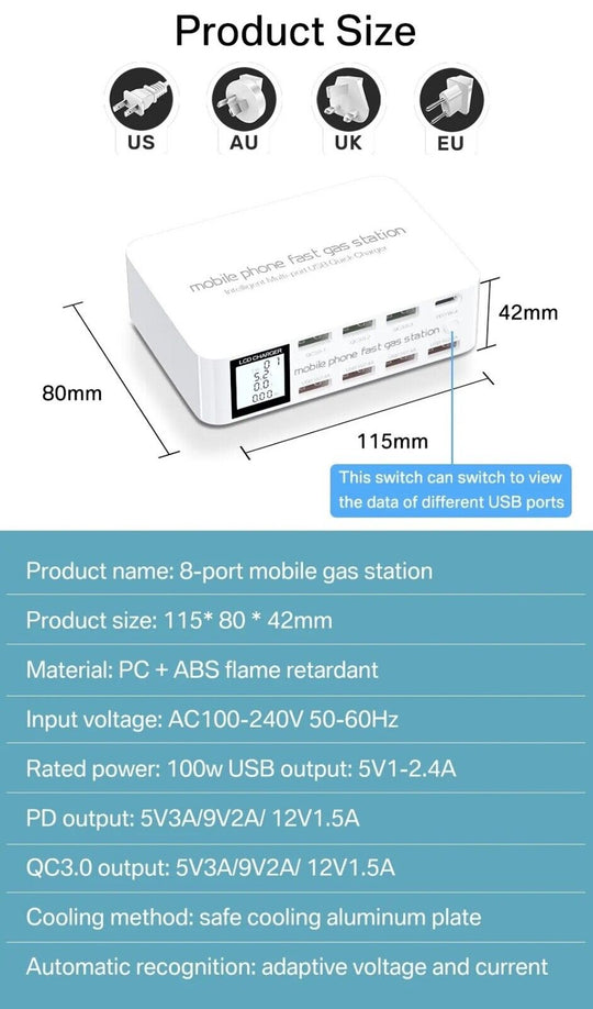 100W USB Charging Station With 3 QC3.0 Quick Charge USB Port 20W PD USB Type C - Chys Thijarah