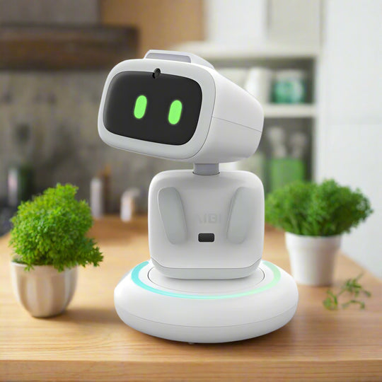 AIBI Robot Pet: your AI companion. Chat via ChatGPT and voice commands sitting on a table next to the plants.