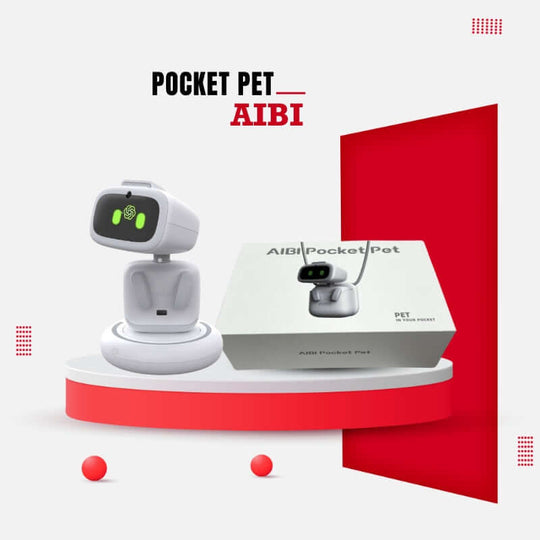 Aibi robot pet toy next to the box on display
