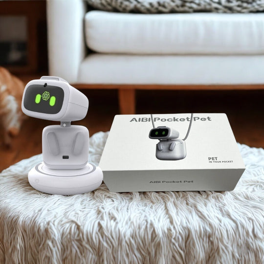 Aibi robot pet toy next to its box on a table in livingroom