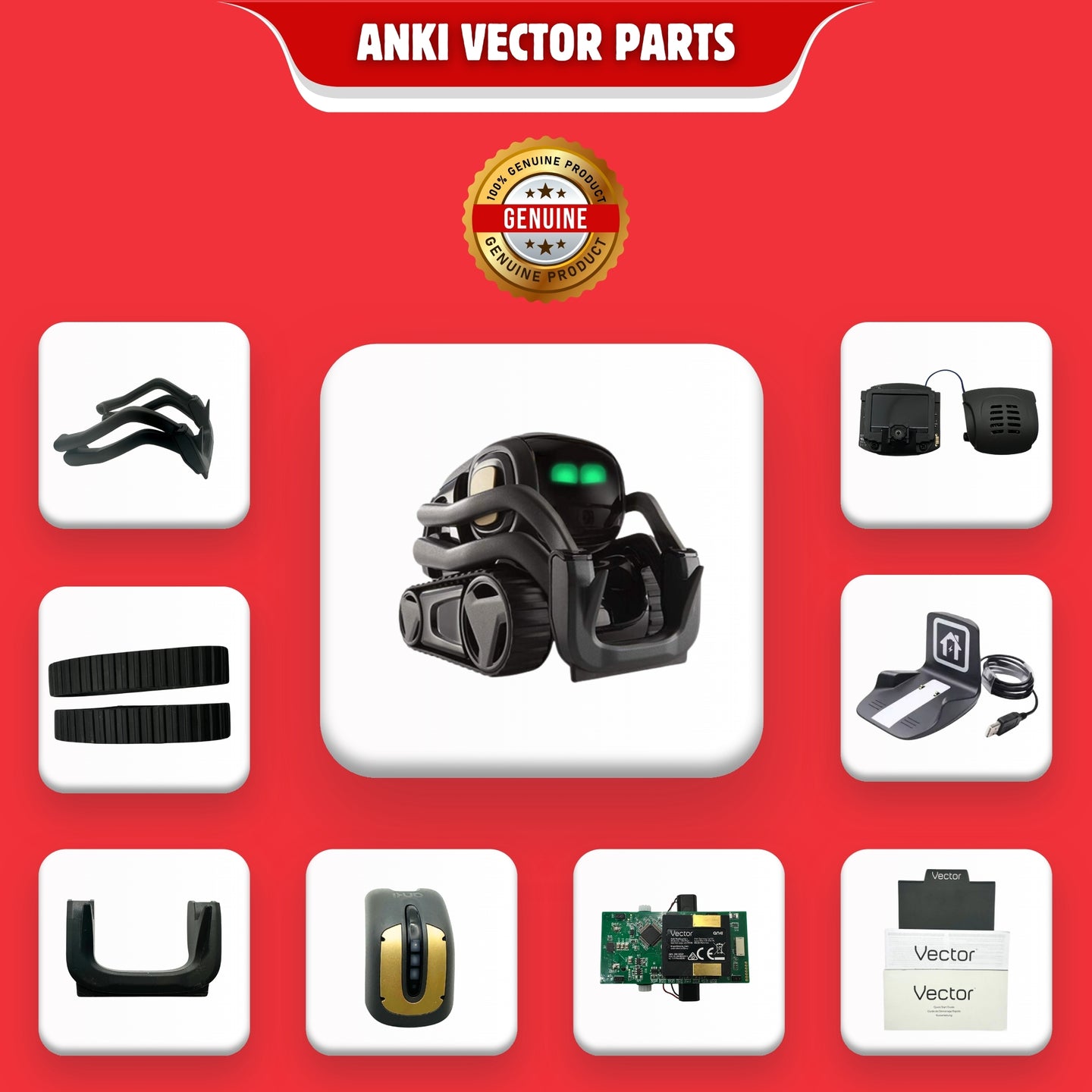 Different Anki Vector parts and accessories shown in the picture