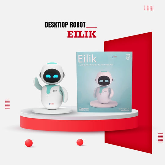 Blue Eilik robot and box next to it displayed on a red and white background