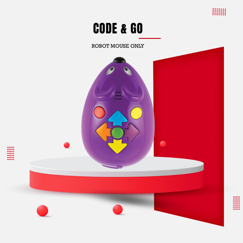 Purple robot mouse toy on a white and red platform with 'Code & Go' branding.