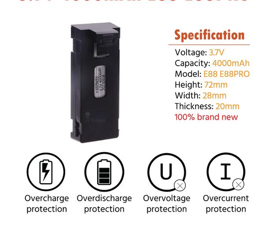 3.7V 5000mAh Rechargeable Li-ion Battery size and details For RC Drone E88 E88PRO - Chys Thijarah