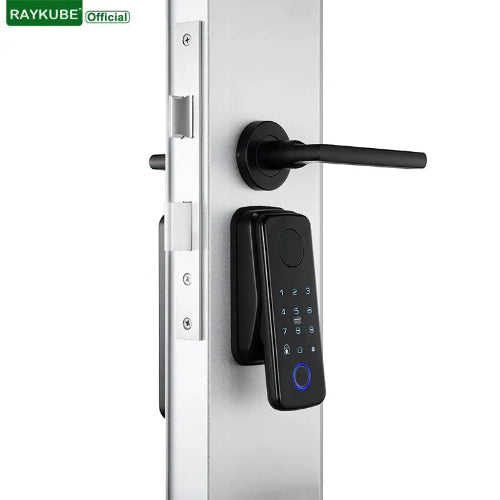 Smart fingerprint door lock UK with TTLock app and Bluetooth unlock installed on wooden door