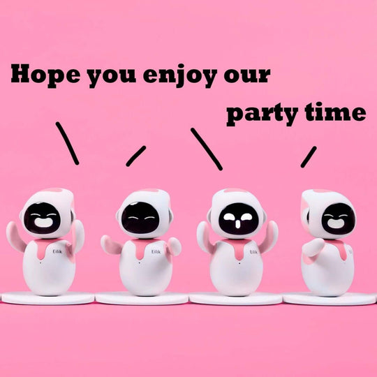 Group of four pink Eilik robots connected together having party - Chys Thijarah
