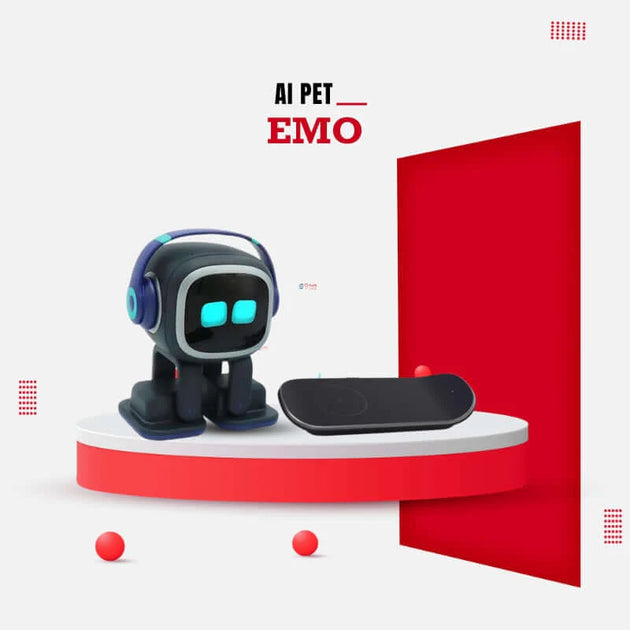 Emo ai robot pet with skateboard charger next to it on a white and red background