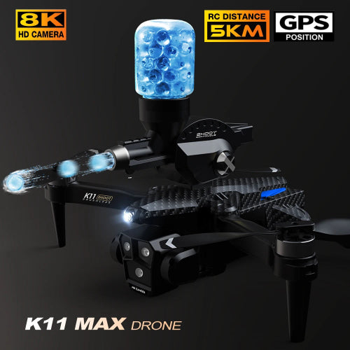 K11 MAX brushless drone with flashing LED lights in flight