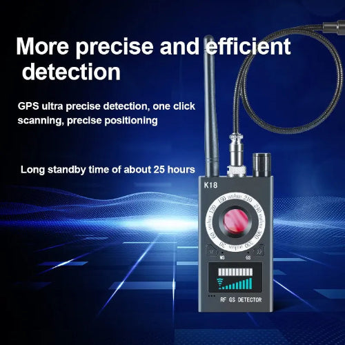 K18 wireless anti-spy camera detector detecting hidden camera lens and wireless signals in hotel room