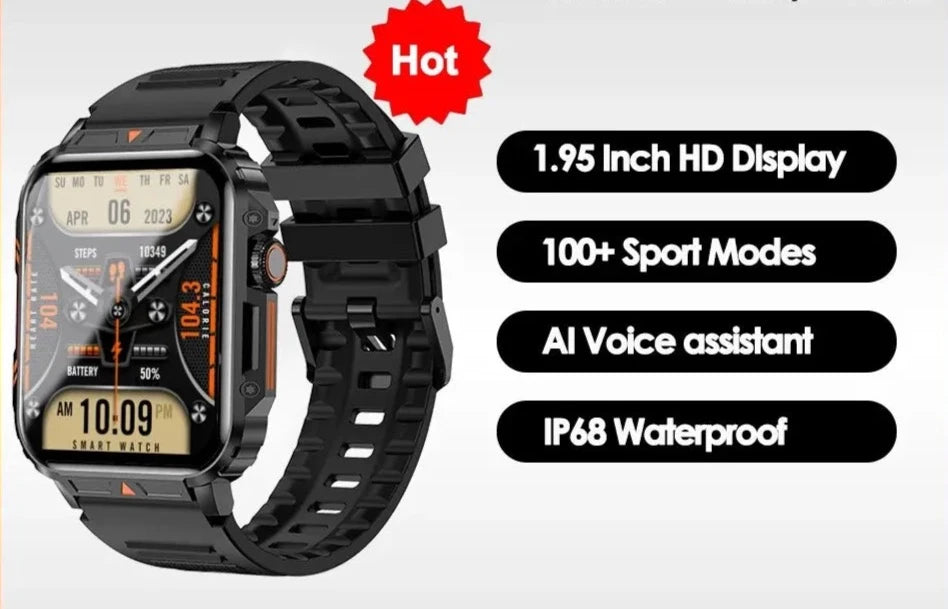 Military Smartwatch for Men - Bluetooth Call, 100+ Sport Modes, Fitness Tracker - Android IOS Compatible - 1.95" - Chys Thijarah