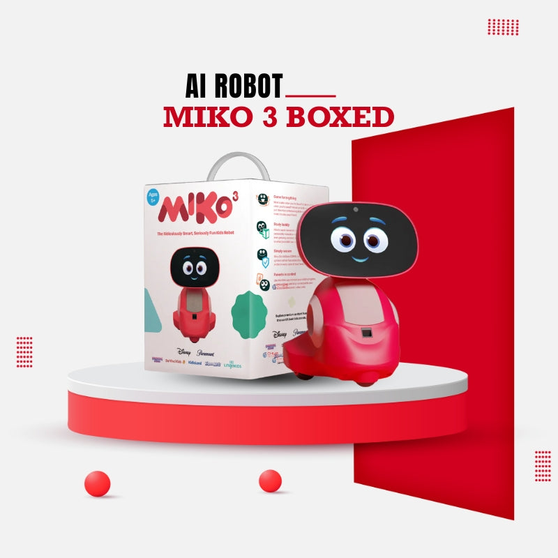 Miko 3 AI robot with its packaging on a white and red platform