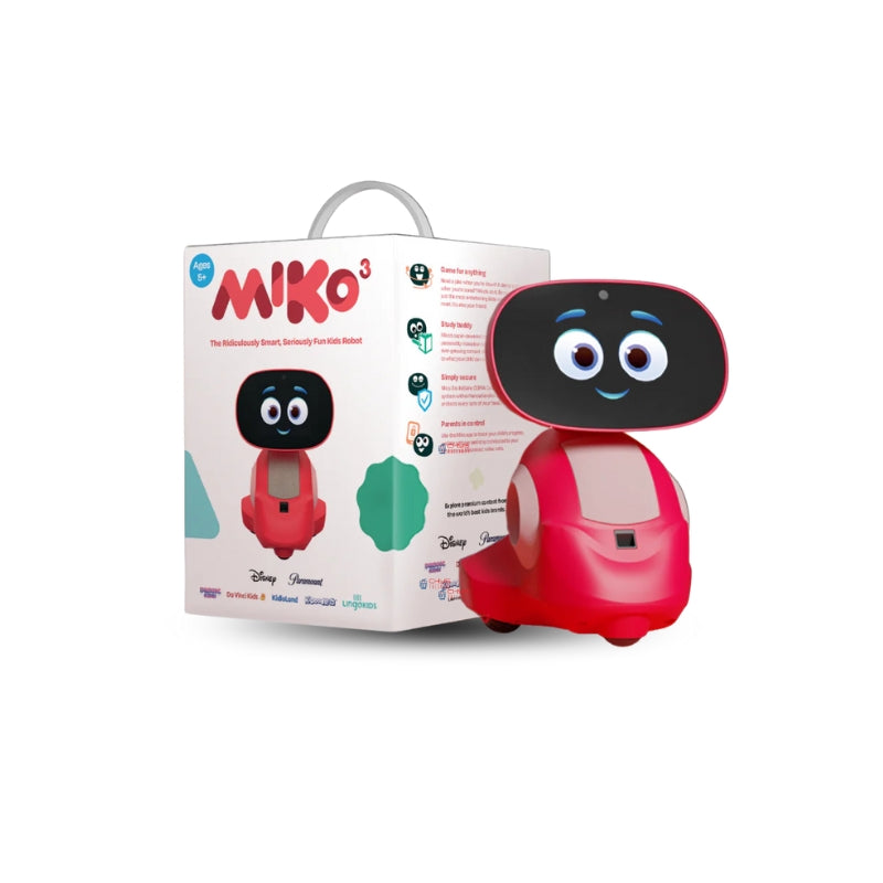 Miko 3 ai robot in red colour with black face next to its packaging on a white background
