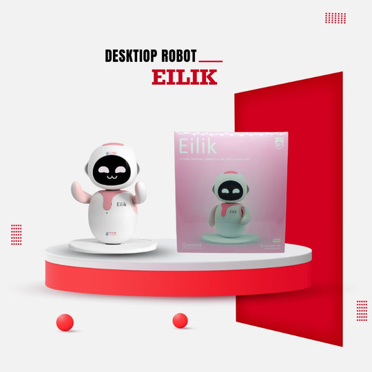Pink Eilik robot and box next to it displayed on a red and white background