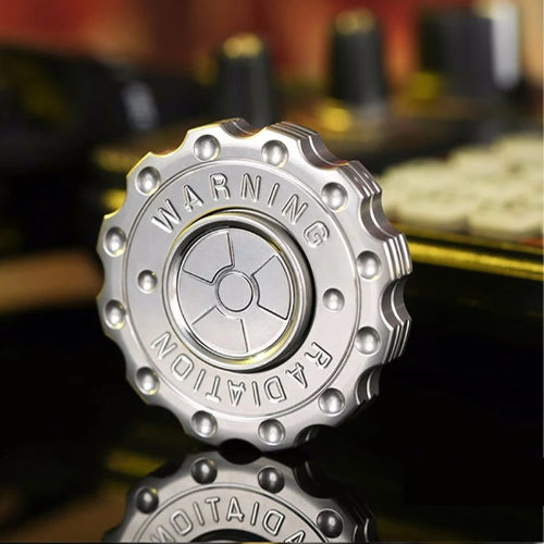 Radiation Warning EDC Fidget Slider UK Spinner in silver metal alloy – premium stress relief toy for adults UK