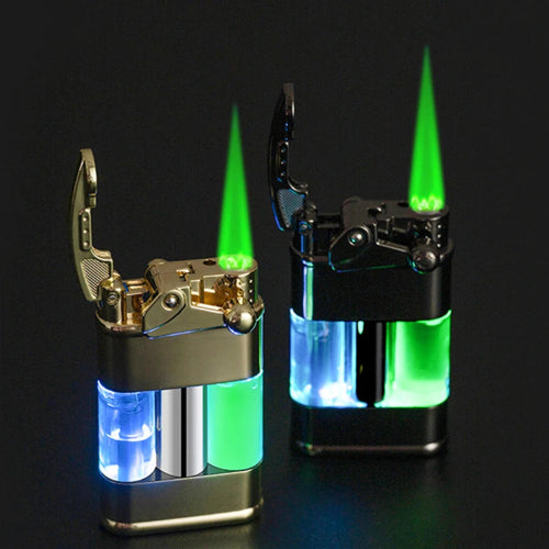 jet flame lighter with green turbo flame glowing at night