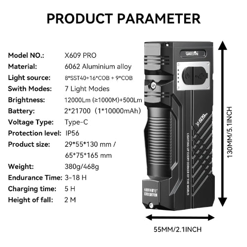 12000 lumen LED torch durable aluminium body IP56