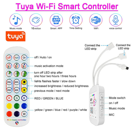 Smart Life Tuya WiFi Controller Alexa Google Home Compatible RGB LED Strip Lights Music Sync 24-Key with Remote DC 5-24V - Chys Thijarah