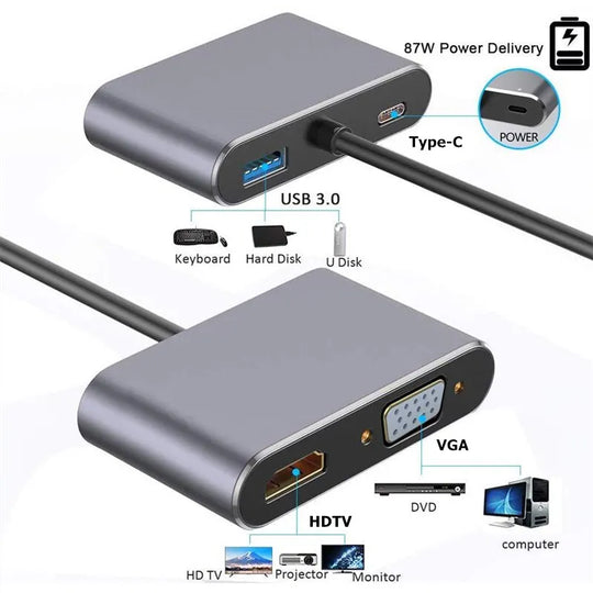 4-in-1 USB C Hub Adapter: HDMI, VGA, USB 3.0, PD Fast Charge for MacBook, Laptop - 4K Support - Chys Thijarah