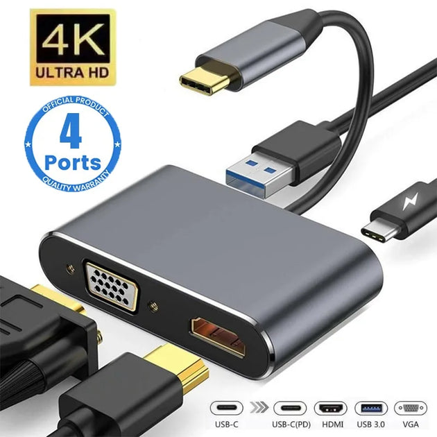 4-in-1 USB C Hub Adapter: HDMI, VGA, USB 3.0, PD Fast Charge for MacBook, Laptop - 4K Support - Chys Thijarah