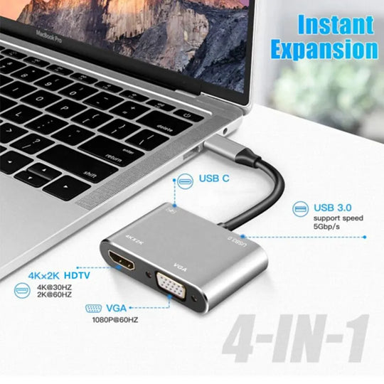 4-in-1 USB C Hub Adapter: HDMI, VGA, USB 3.0, PD Fast Charge for MacBook, Laptop - 4K Support - Chys Thijarah