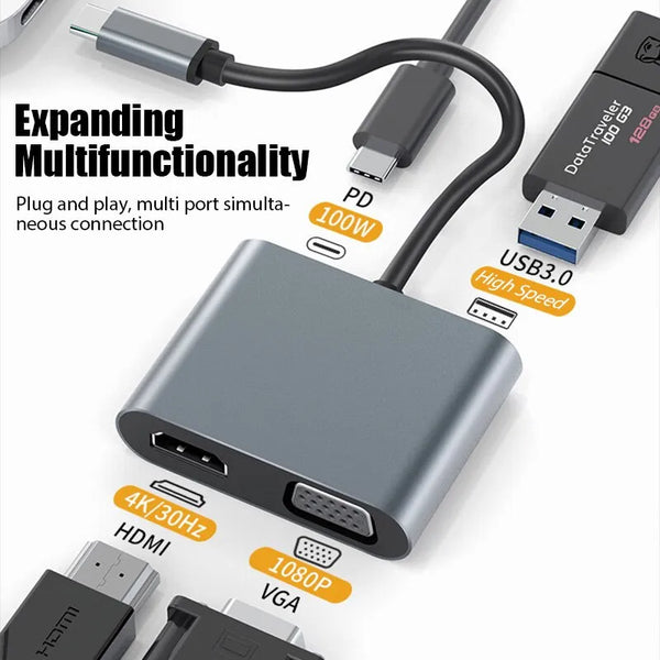 4-in-1 USB C Hub Adapter: HDMI, VGA, USB 3.0, PD Fast Charge for MacBook, Laptop - 4K Support - Chys Thijarah