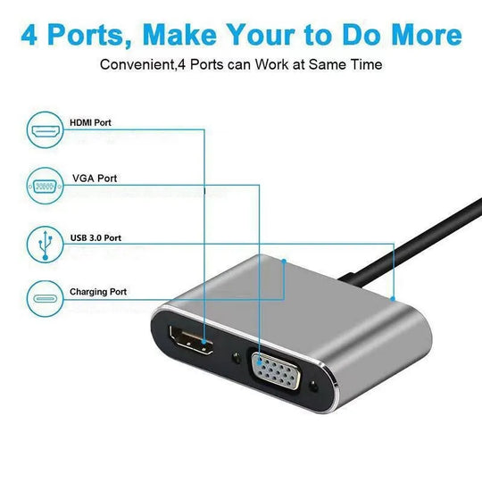 4-in-1 USB C Hub Adapter: HDMI, VGA, USB 3.0, PD Fast Charge for MacBook, Laptop - 4K Support - Chys Thijarah