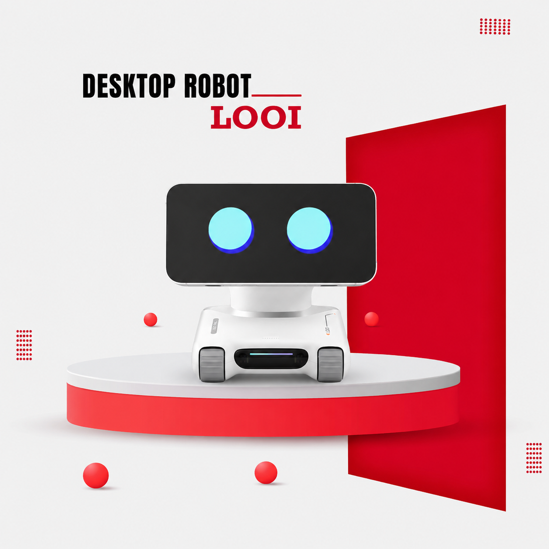 Looi AI robot with glowing blue eyes on red display stand – smart GPT companion with wireless charging base