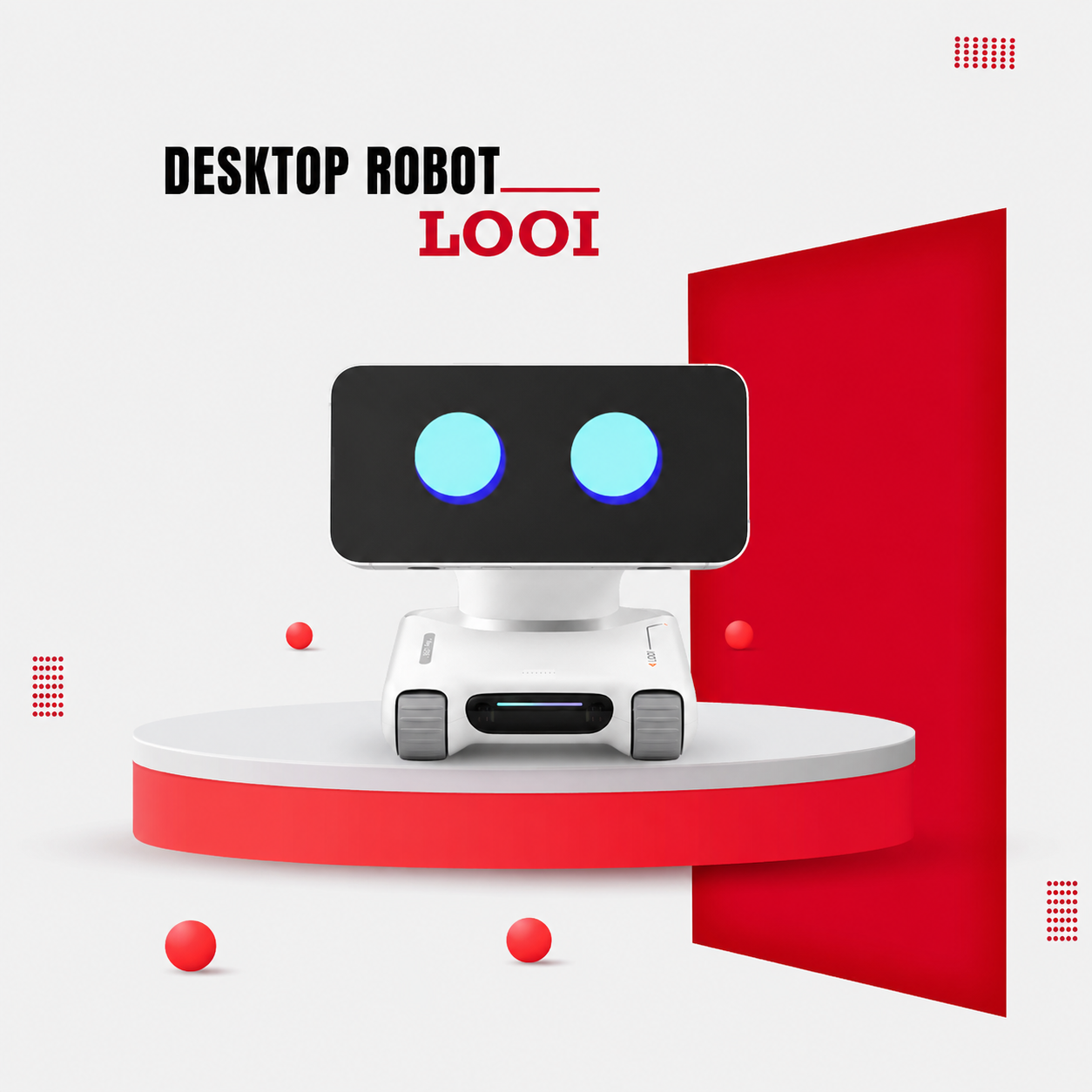 Looi AI robot with glowing blue eyes on red display stand – smart GPT companion with wireless charging base
