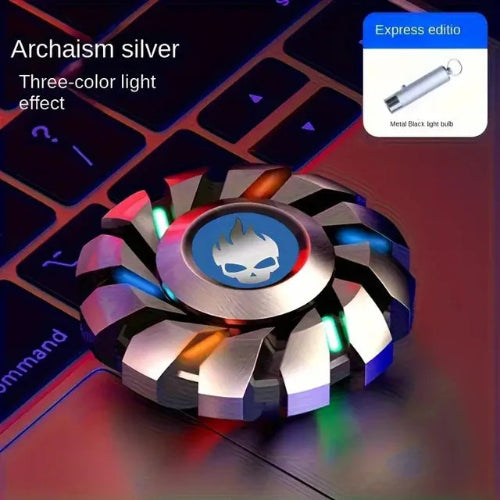 glowing metal fidget spinner set on desk setup for focus and relaxation