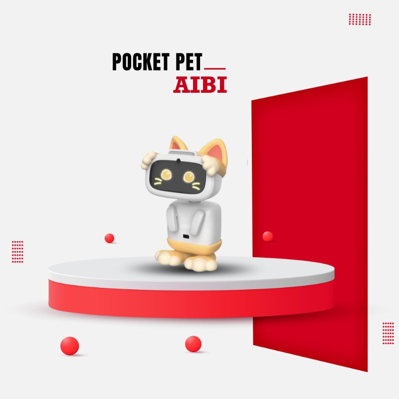 AIBI cat costume with robot. Aibi is wearing a soft cat costume with long ears on a red podium