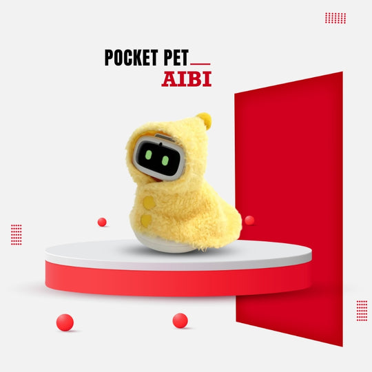 AIBI robot wearing a soft, colourful outfit accessory for personalisation displayed on a podium.