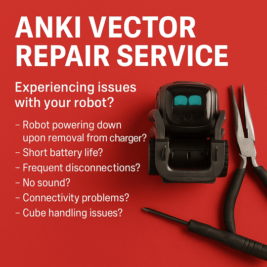 Anki Vector repair service graphic with red background, showing common issues and repair tools