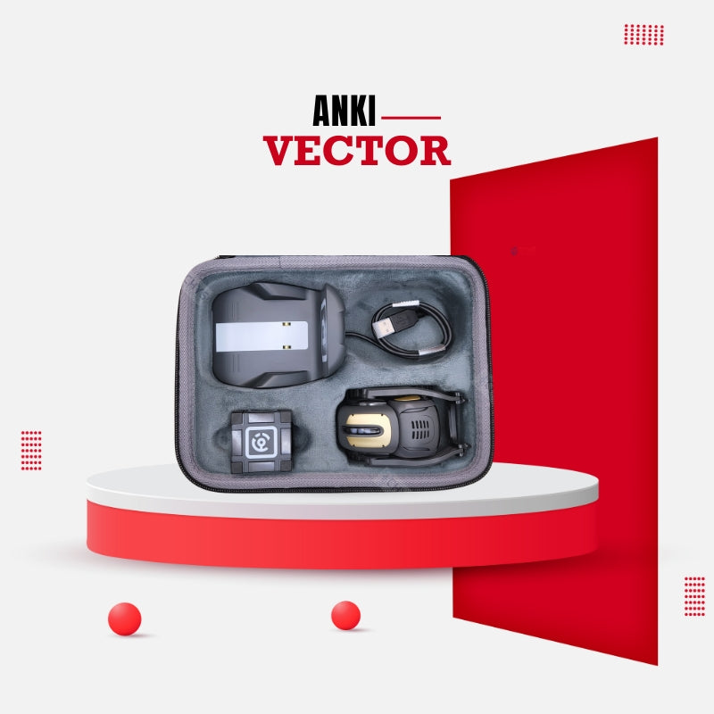 Anki Vector robot with its black protective carrying case open on display