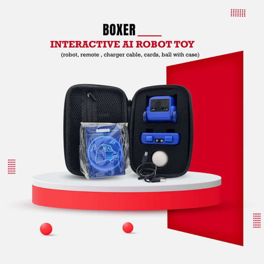 Boxer RC Robot Toy with remote, cable, interactive cards, ball and storage case for kids